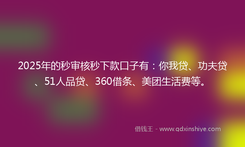 2025年的秒审核秒下款口子有：你我贷、功夫贷、51人品贷、360借条、美团生活费等。