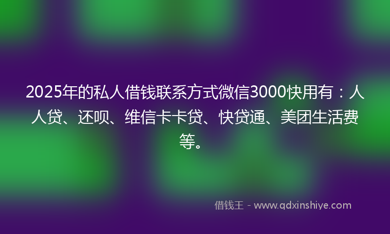 2025年的私人借钱联系方式微信3000快用有：人人贷、还呗、维信卡卡贷、快贷通、美团生活费等。
