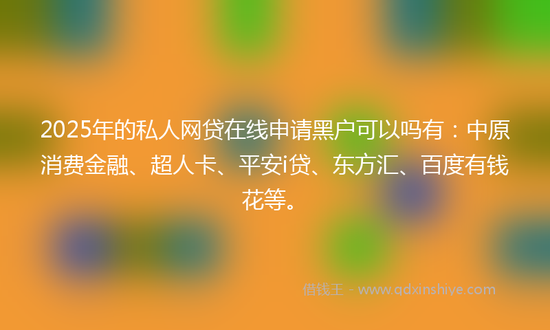 2025年的私人网贷在线申请黑户可以吗有：中原消费金融、超人卡、平安i贷、东方汇、百度有钱花等。