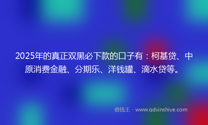 2025年的真正双黑必下款的口子有：柯基贷、中原消费金融、分期乐、洋钱罐、滴水贷等。