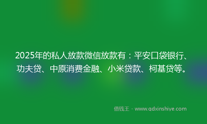 2025年的私人放款微信放款有：平安口袋银行、功夫贷、中原消费金融、小米贷款、柯基贷等。
