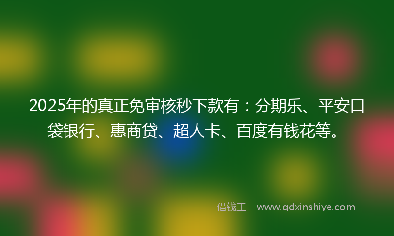2025年的真正免审核秒下款有：分期乐、平安口袋银行、惠商贷、超人卡、百度有钱花等。