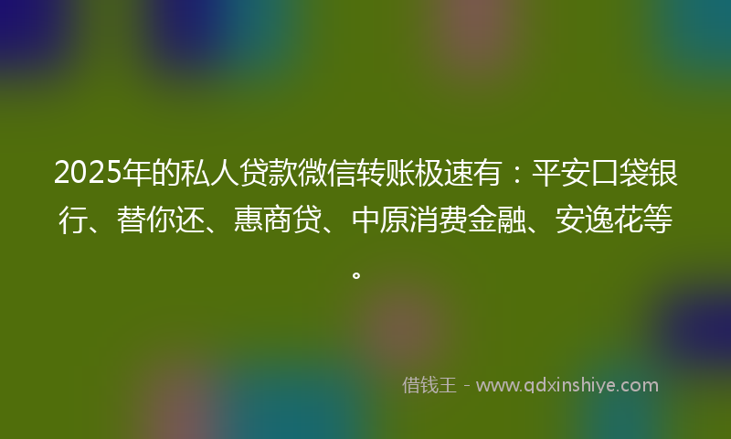 2025年的私人贷款微信转账极速有：平安口袋银行、替你还、惠商贷、中原消费金融、安逸花等。