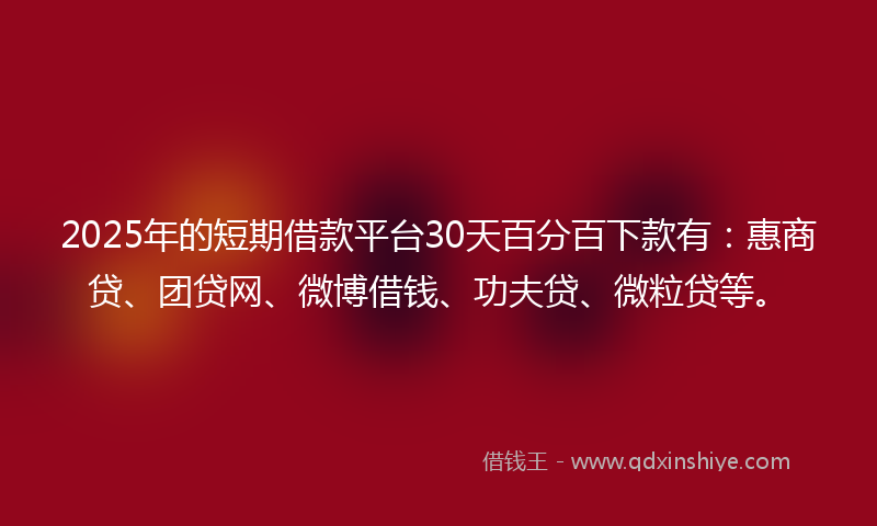 2025年的短期借款平台30天百分百下款有：惠商贷、团贷网、微博借钱、功夫贷、微粒贷等。