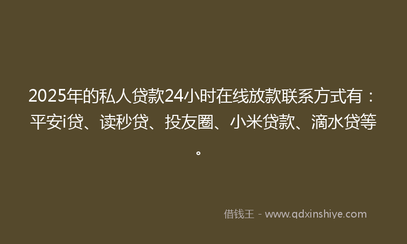 2025年的私人贷款24小时在线放款联系方式有：平安i贷、读秒贷、投友圈、小米贷款、滴水贷等。
