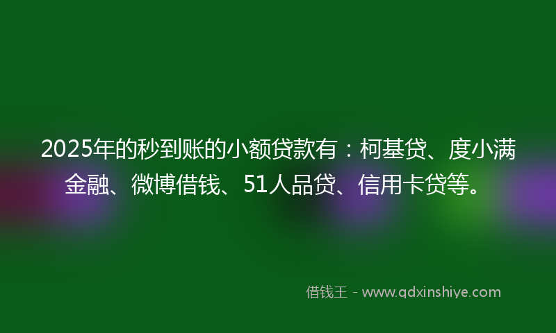 2025年的秒到账的小额贷款有：柯基贷、度小满金融、微博借钱、51人品贷、信用卡贷等。