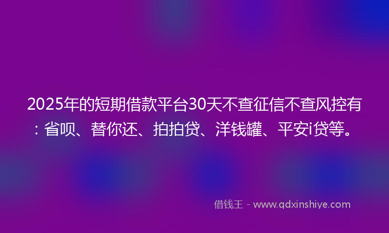 2025年的短期借款平台30天不查征信不查风控有：省呗、替你还、拍拍贷、洋钱罐、平安i贷等。