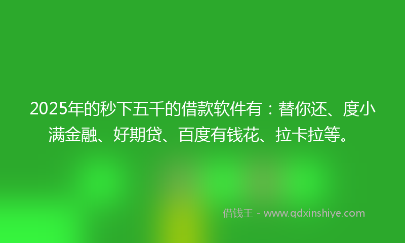 2025年的秒下五千的借款软件有：替你还、度小满金融、好期贷、百度有钱花、拉卡拉等。