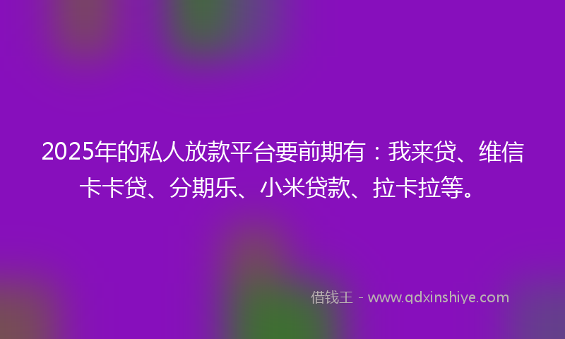 2025年的私人放款平台要前期有：我来贷、维信卡卡贷、分期乐、小米贷款、拉卡拉等。