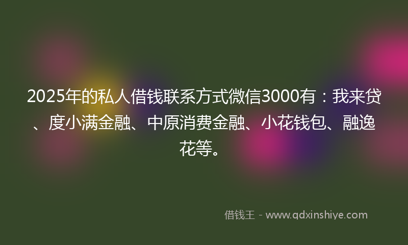 2025年的私人借钱联系方式微信3000有:我来贷、度小满金融、中原消费金融、小花钱包、融逸花等。