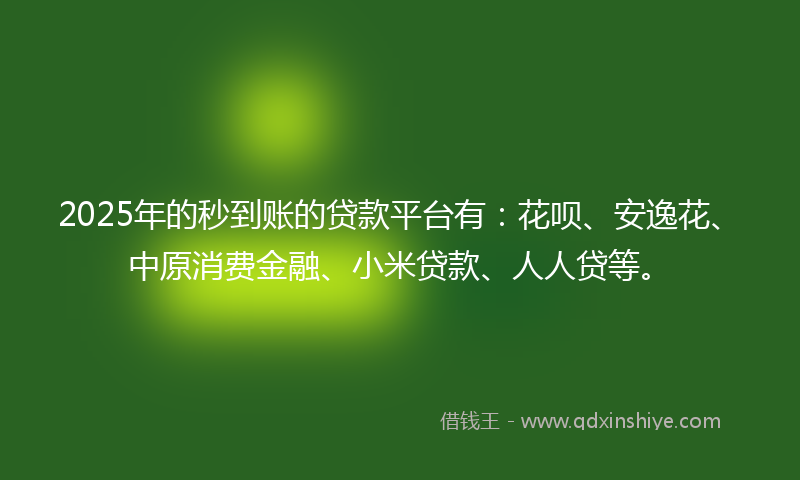 2025年的秒到账的贷款平台有：花呗、安逸花、中原消费金融、小米贷款、人人贷等。