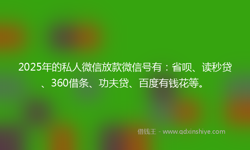 2025年的私人微信放款微信号有：省呗、读秒贷、360借条、功夫贷、百度有钱花等。