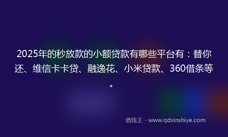 2025年的秒放款的小额贷款有哪些平台有：替你还、维信卡卡贷、融逸花、小米贷款、360借条等。