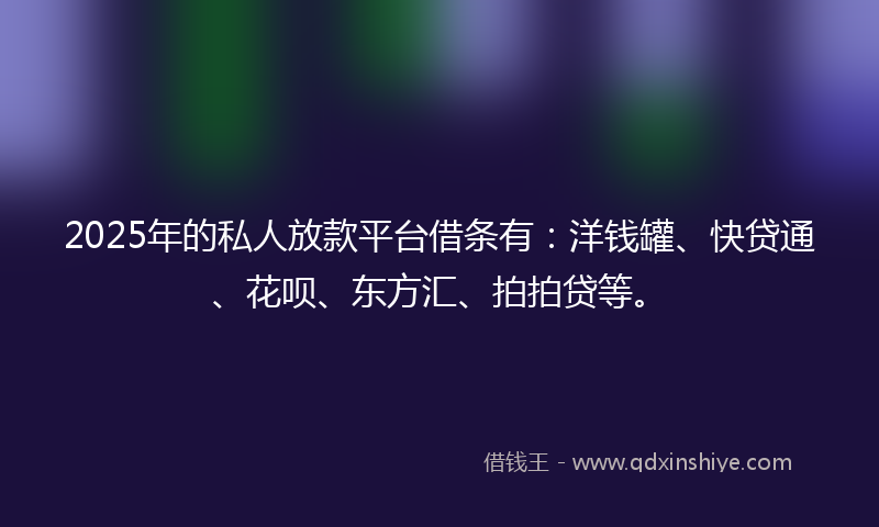 2025年的私人放款平台借条有:洋钱罐、快贷通、花呗、东方汇、拍拍贷等。