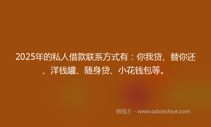 2025年的私人借款联系方式有：你我贷、替你还、洋钱罐、随身贷、小花钱包等。