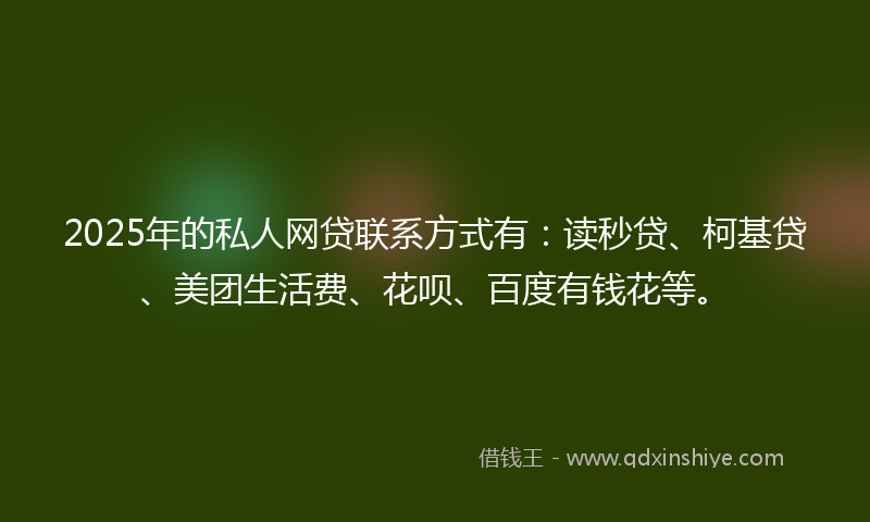 2025年的私人网贷联系方式有：读秒贷、柯基贷、美团生活费、花呗、百度有钱花等。