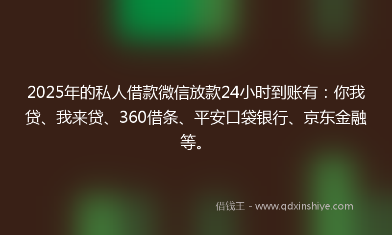 2025年的私人借款微信放款24小时到账有：你我贷、我来贷、360借条、平安口袋银行、京东金融等。