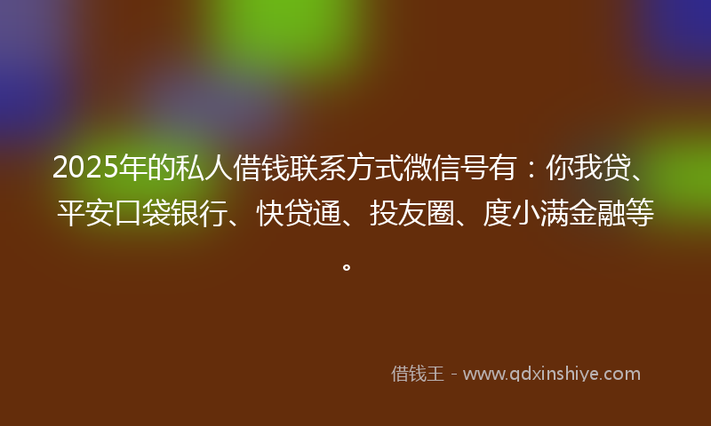2025年的私人借钱联系方式微信号有：你我贷、平安口袋银行、快贷通、投友圈、度小满金融等。