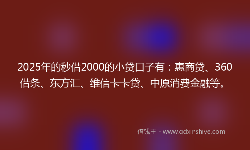 2025年的秒借2000的小贷口子有：惠商贷、360借条、东方汇、维信卡卡贷、中原消费金融等。
