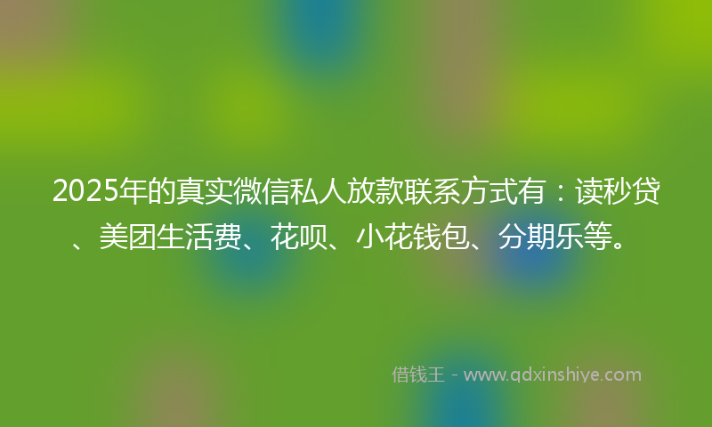2025年的真实微信私人放款联系方式有：读秒贷、美团生活费、花呗、小花钱包、分期乐等。