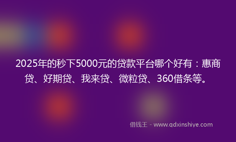 2025年的秒下5000元的贷款平台哪个好有：惠商贷、好期贷、我来贷、微粒贷、360借条等。