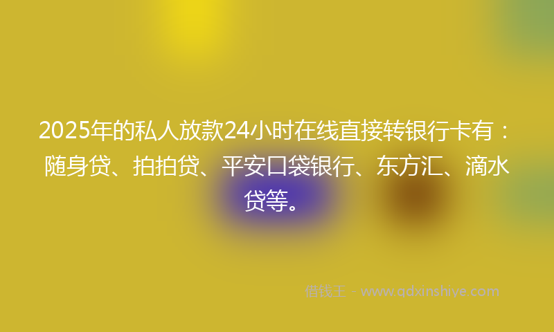 2025年的私人放款24小时在线直接转银行卡有：随身贷、拍拍贷、平安口袋银行、东方汇、滴水贷等。