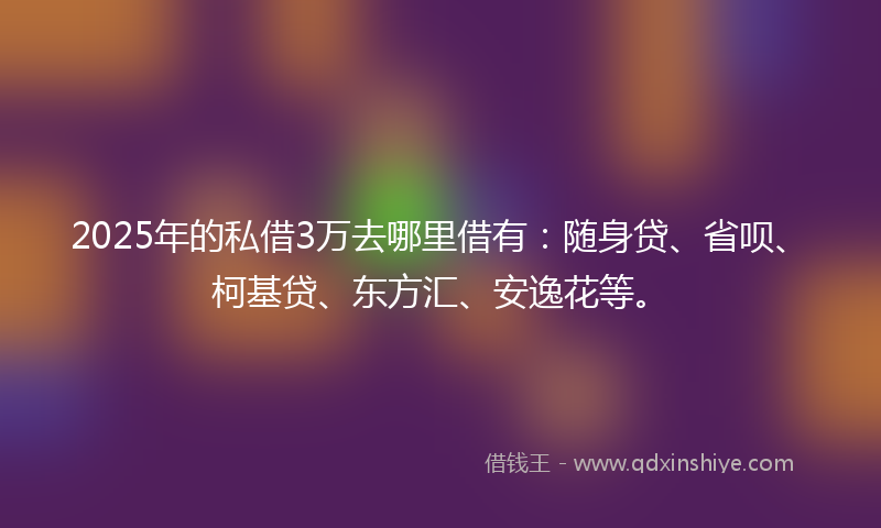 2025年的私借3万去哪里借有：随身贷、省呗、柯基贷、东方汇、安逸花等。