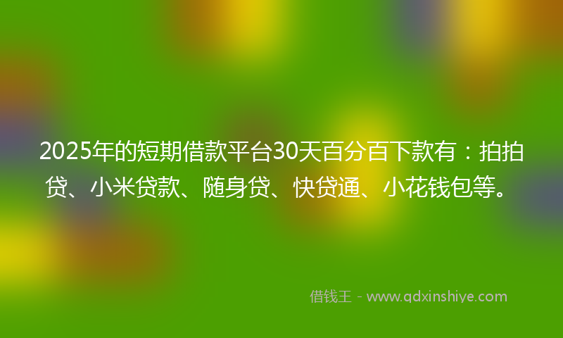 2025年的短期借款平台30天百分百下款有：拍拍贷、小米贷款、随身贷、快贷通、小花钱包等。
