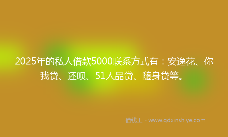 2025年的私人借款5000联系方式有：安逸花、你我贷、还呗、51人品贷、随身贷等。