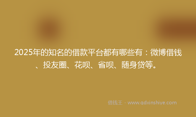 2025年的知名的借款平台都有哪些有:微博借钱、投友圈、花呗、省呗、随身贷等。
