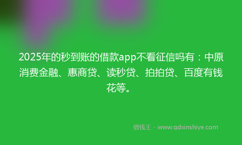 2025年的秒到账的借款app不看征信吗有：中原消费金融、惠商贷、读秒贷、拍拍贷、百度有钱花等。