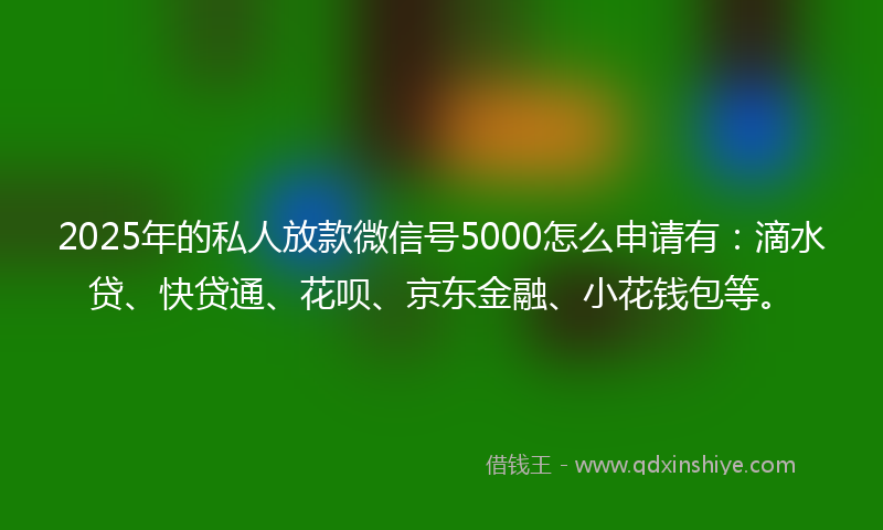 2025年的私人放款微信号5000怎么申请有：滴水贷、快贷通、花呗、京东金融、小花钱包等。