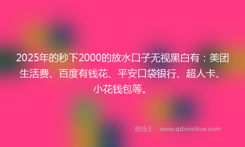 2025年的秒下2000的放水口子无视黑白有：美团生活费、百度有钱花、平安口袋银行、超人卡、小花钱包等。