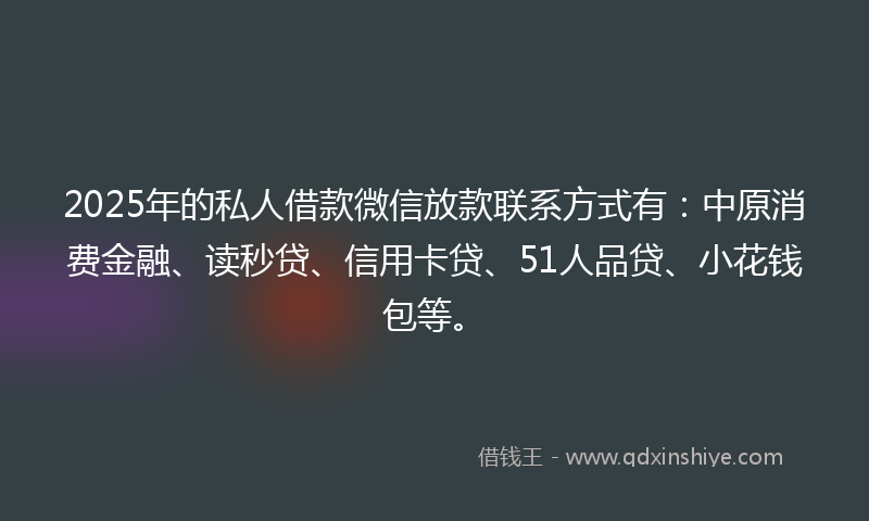 2025年的私人借款微信放款联系方式有：中原消费金融、读秒贷、信用卡贷、51人品贷、小花钱包等。