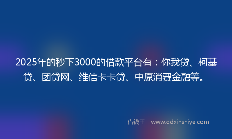 2025年的秒下3000的借款平台有：你我贷、柯基贷、团贷网、维信卡卡贷、中原消费金融等。