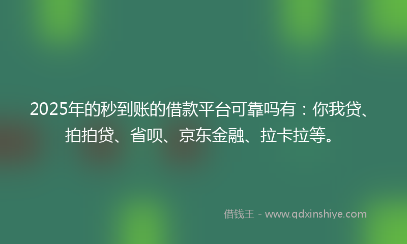 2025年的秒到账的借款平台可靠吗有：你我贷、拍拍贷、省呗、京东金融、拉卡拉等。