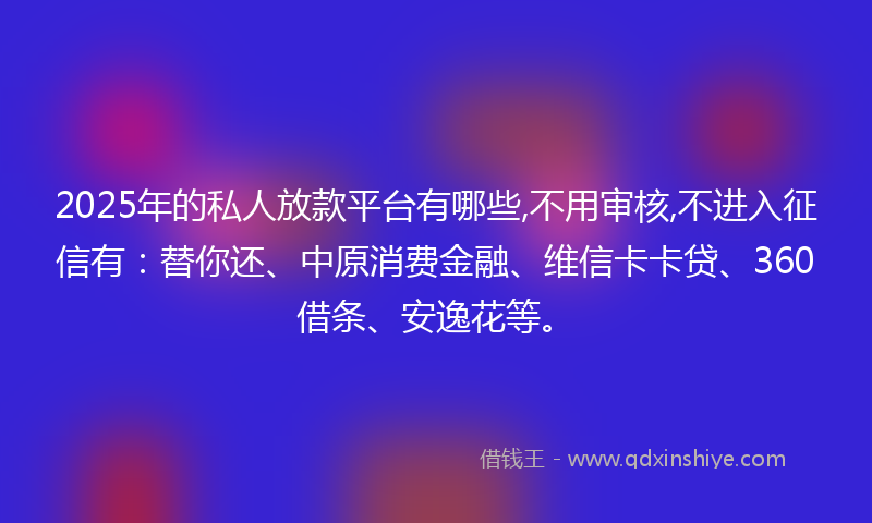 2025年的私人放款平台有哪些,不用审核,不进入征信有：替你还、中原消费金融、维信卡卡贷、360借条、安逸花等。