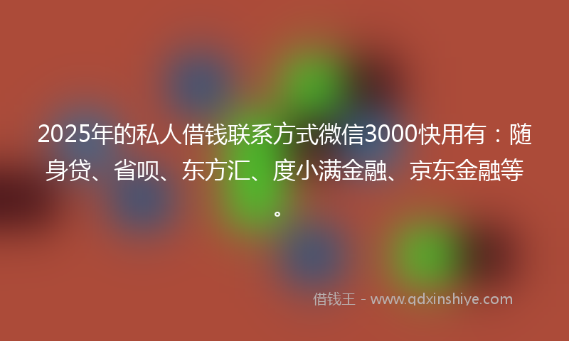 2025年的私人借钱联系方式微信3000快用有:随身贷、省呗、东方汇、度小满金融、京东金融等。