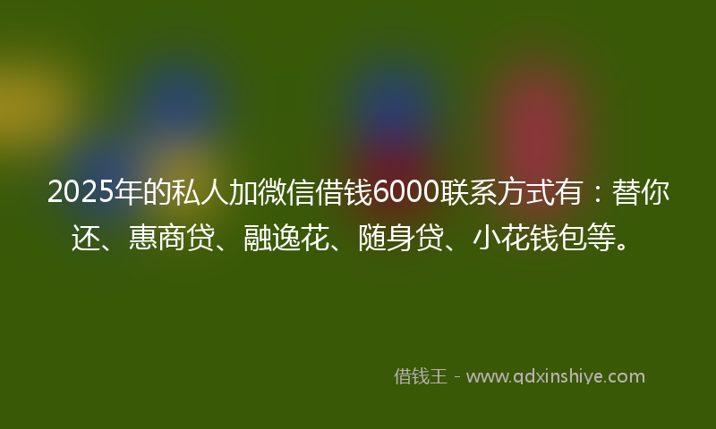 2025年的私人加微信借钱6000联系方式有：替你还、惠商贷、融逸花、随身贷、小花钱包等。
