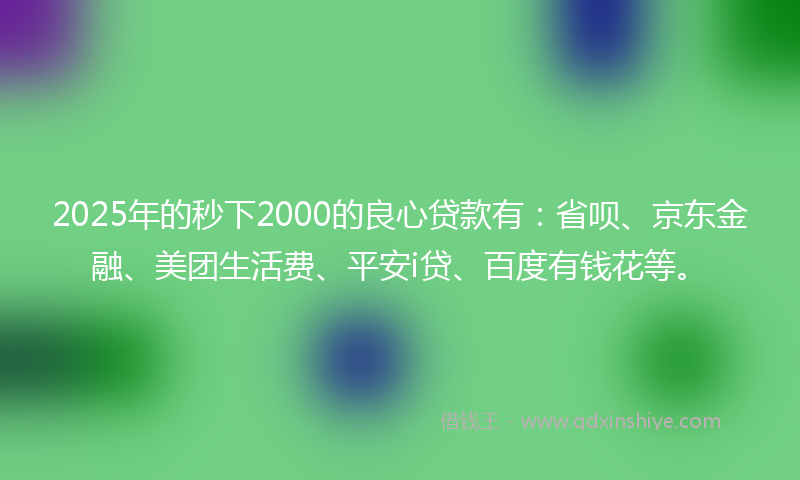 2025年的秒下2000的良心贷款有：省呗、京东金融、美团生活费、平安i贷、百度有钱花等。