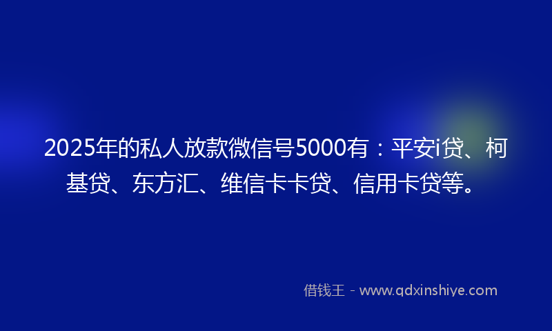 2025年的私人放款微信号5000有：平安i贷、柯基贷、东方汇、维信卡卡贷、信用卡贷等。