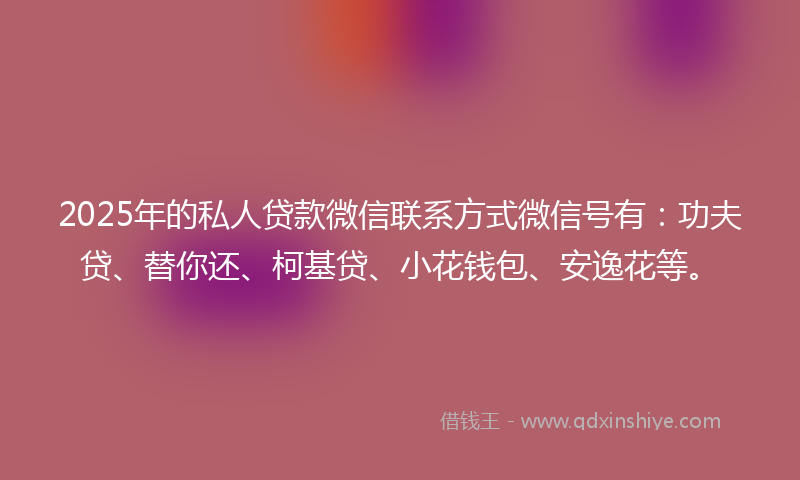 2025年的私人贷款微信联系方式微信号有：功夫贷、替你还、柯基贷、小花钱包、安逸花等。