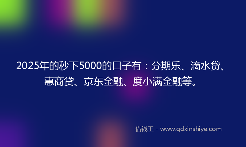 2025年的秒下5000的口子有：分期乐、滴水贷、惠商贷、京东金融、度小满金融等。