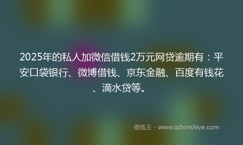 2025年的私人加微信借钱2万元网贷逾期有：平安口袋银行、微博借钱、京东金融、百度有钱花、滴水贷等。