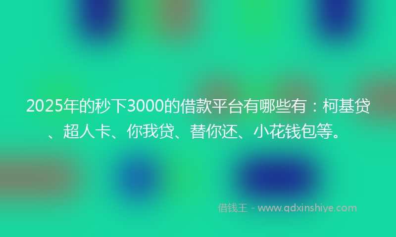 2025年的秒下3000的借款平台有哪些有：柯基贷、超人卡、你我贷、替你还、小花钱包等。