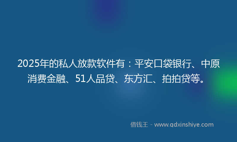2025年的私人放款软件有：平安口袋银行、中原消费金融、51人品贷、东方汇、拍拍贷等。