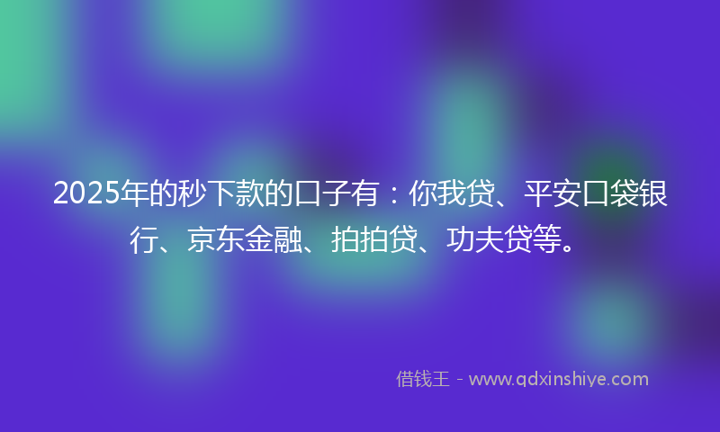 2025年的秒下款的口子有：你我贷、平安口袋银行、京东金融、拍拍贷、功夫贷等。