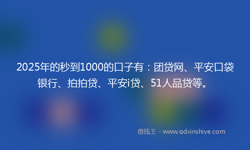 2025年的秒到1000的口子有：团贷网、平安口袋银行、拍拍贷、平安i贷、51人品贷等。
