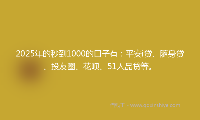 2025年的秒到1000的口子有：平安i贷、随身贷、投友圈、花呗、51人品贷等。