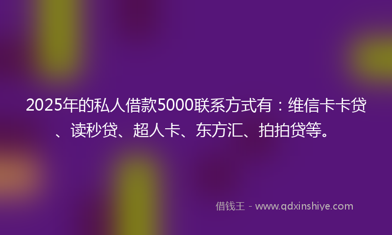 2025年的私人借款5000联系方式有：维信卡卡贷、读秒贷、超人卡、东方汇、拍拍贷等。